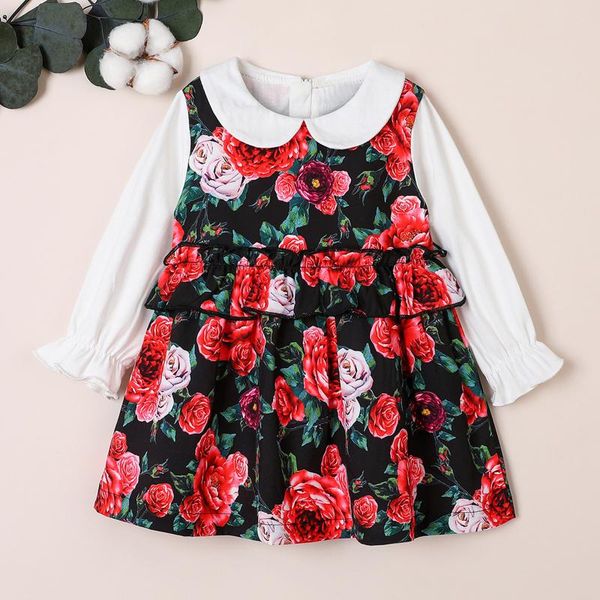 

40# dresses for women 2021 kids baby girls long sleeve sweet doll collar flower print dress princess dress kids clothes girls, Red;yellow