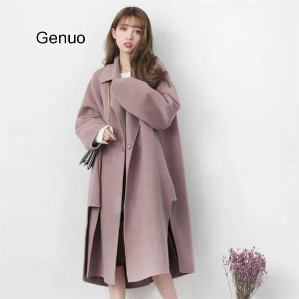 

woolen coat long section korean female 2020 new autumn winter outerwear fashion lapel solid color loose parka women1, Black
