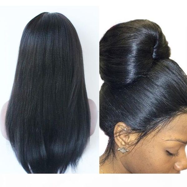 

yaki straight silk full lace human hair wigs brazilian 4x4 silk base wigs glueless lace front human hair wig for black women, Black;brown