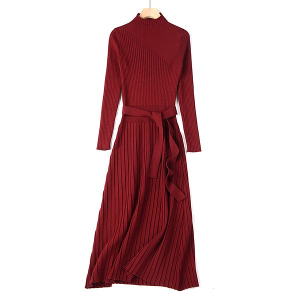 

2021 new turtleneck long women autumn winter warm dress with sashes a line knitted pullover sweater dresses pull femme q802, Black;gray