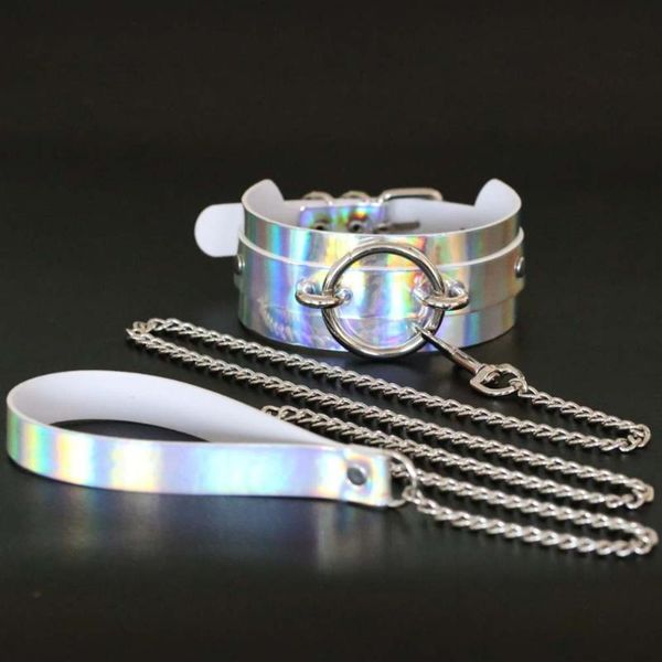 

chokers holographic choker necklace chain leash rainbow collar rave music festival party ravewear jewelry fashion goth accessories, Golden;silver