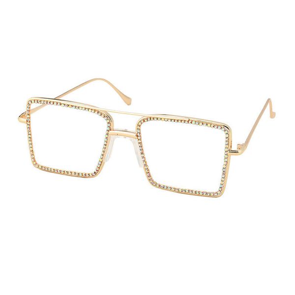 Neue luxuriöse Damenmode-Brille aus Vollmetall mit quadratischem Rahmen und künstlichen Kristallen, Ring, große Augen, dekorative Brillen
