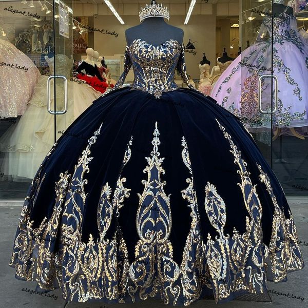

navy blue velvet ball gown quinceanera dresses with sequins applique long sleeve lace-up vestido mexicano sweet 15 prom gown, Blue;red