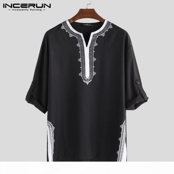 

incerun men african dashiki t shirts printed long sleeve v neck breathable ethnic style casual t-shirts men african clothes, White;black
