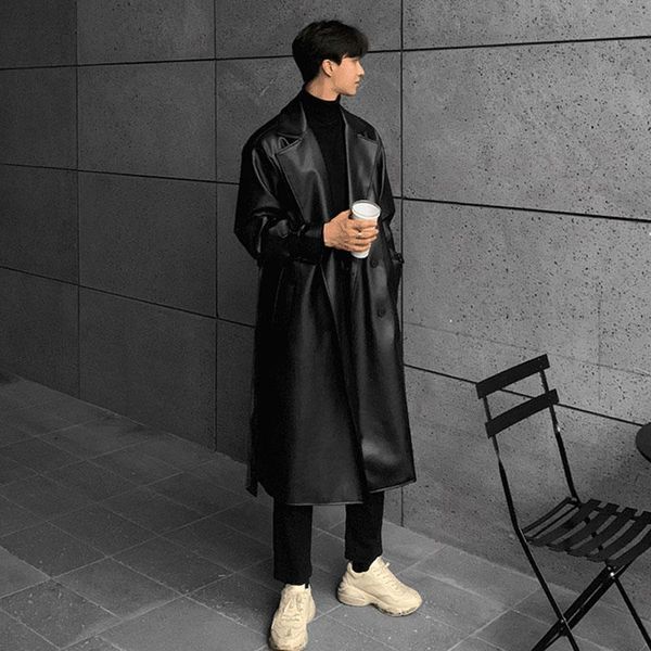 

men vintage long black leather trench jacket double breasted overcoat male streetwear hip hop punk faux fur windbreaker coat