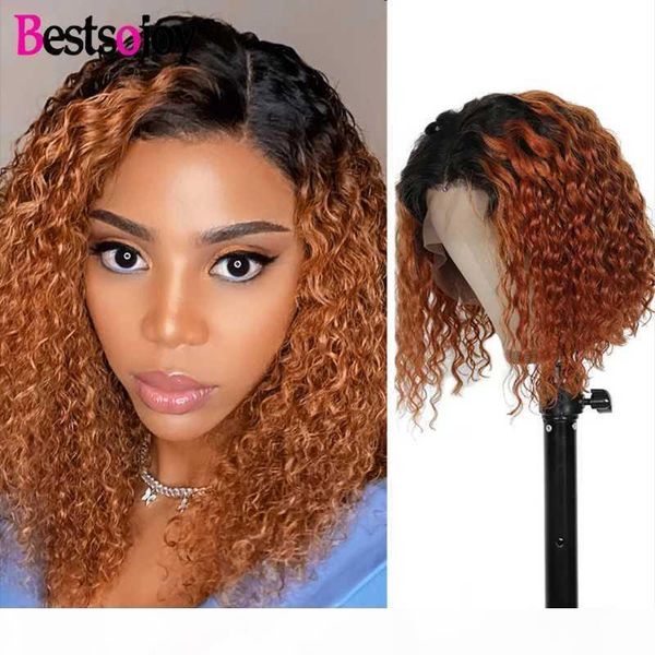

ojoy ombre colored closure bob wig for women lace front curly human hair wigs 180% density kinky curly lace frontal wigs, Black;brown