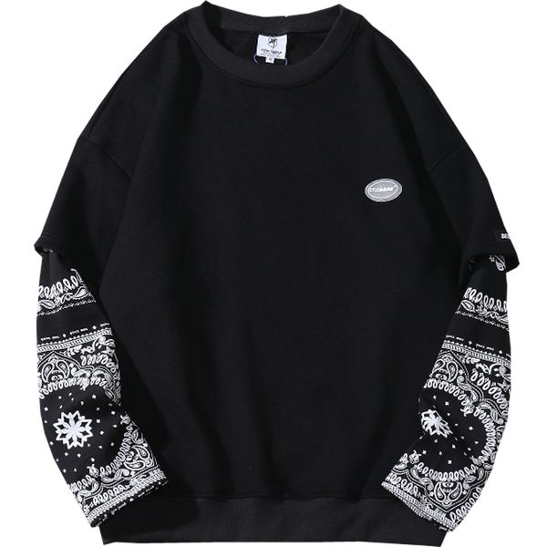 

two-piece 2021 new long retro male shirt stitch around neck jumper loose autumn hip caju flower couples 564b, Black