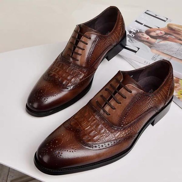 

2020 new men's crocodile dress leather shoes lace-up wedding party shoes mens business office oxfords men flats plus size 38-48, Black