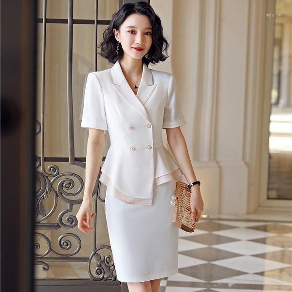 

new style female white blazer for women bsiness suits with skirt and jacket sets work wear clothes short sleeve1, White;black