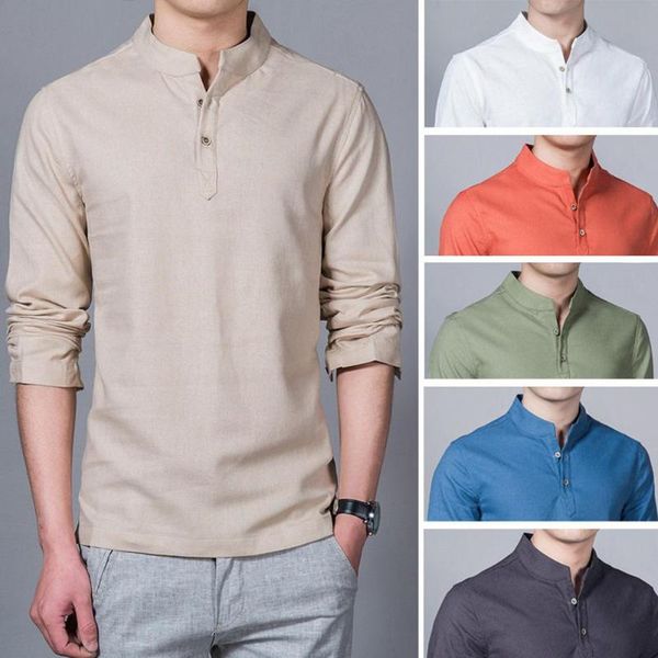 

men casual long sleeve solid color stand collar plus size slim shirt cotton linen solid gift for male, White;black