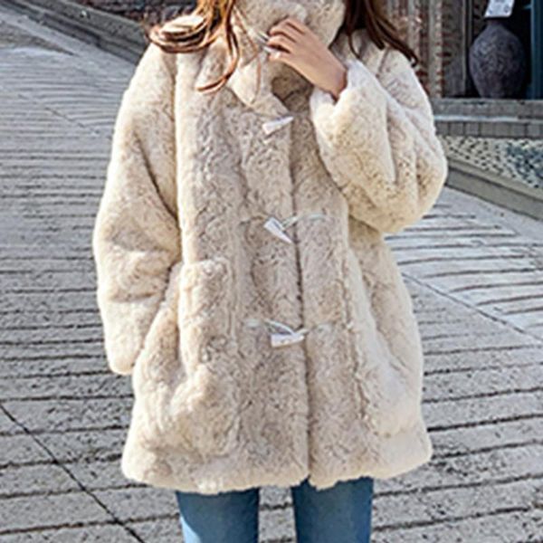 

женщины искусственного меха шинель осень зима 2020 lamb fur coat женский средней длины ленивый стиль horn button имитация толстые overcaot, Black