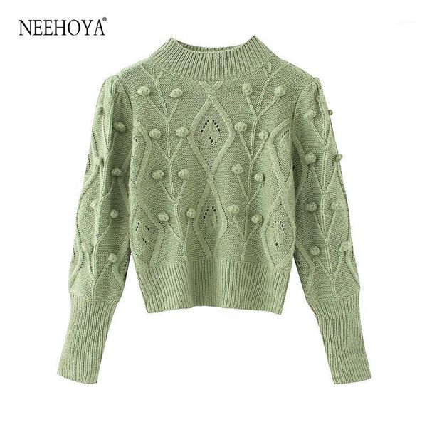 

women 2020 fashion with ball cropped knitted sweater vintage o neck long sleeve female pullovers chic 1, White;black