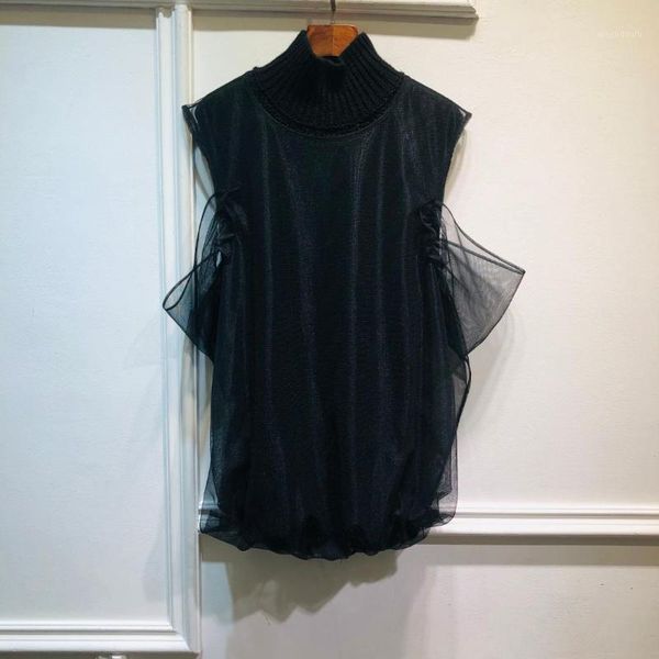 

2019 new ladies fashion mesh decorative stitching knit vest 09271, White;black