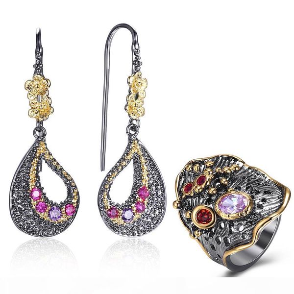 

purple fuchsia crystal earrings ring jewellery set leaf dangle earrings pretty 2pcs jewelry sets for women birthday gifts, Silver