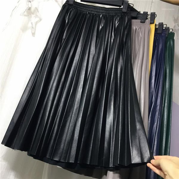 

2019 new women slim organ leather skirt pleated long skirt female pu leather pleated half-length retro high-waisted1, Black