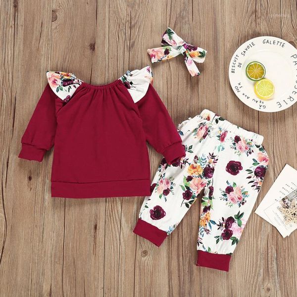 

3pcs newborn flower print clothes set baby girls floral t-shirt ruffle pants hair band outfits set toddler infant soft suit1, White