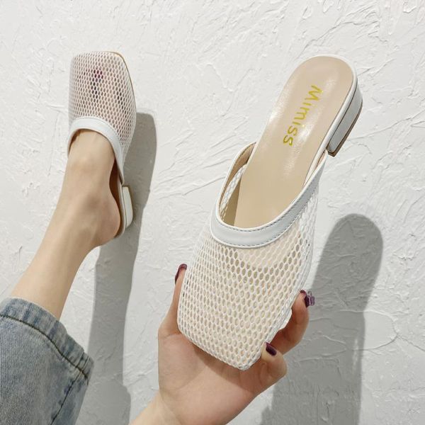 

women mules shoes med heels hollow out designers square toe slippers beach outside dress casual shoes woman summer new slides1, Black