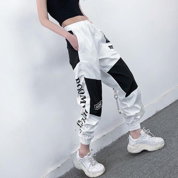

high waist letter spliced cargo pants women loose harajuku bf ankle-length overalls pants plus size hip hop women's sports pant1, Black;white