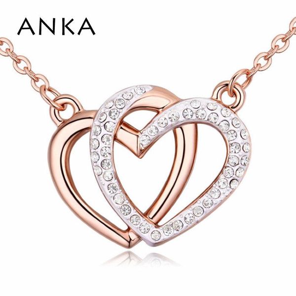 

pendant necklaces anka love double heart rose gold color & rhinestone jewelry for lover women crystal necklace gift 123428, Silver