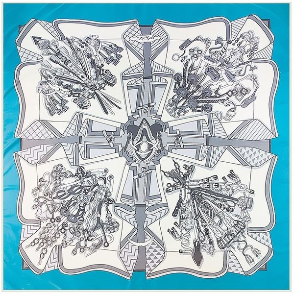 

pobing 100% twill silk scarf women chain print square scarves&wraps big hijab silk foulards neckerchief bandana headband 130cm y201007, Blue;gray
