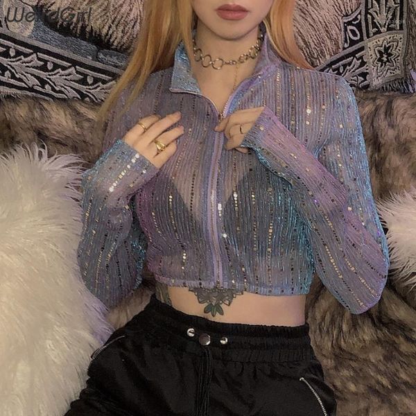 

weirdgirl women see through jacket zip up sequins slim party club harajuku autumn new streetwear reflective shirts1, Black;brown