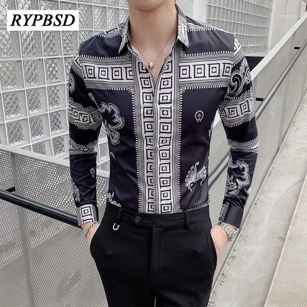 

vintage dragon print casual shirt men long sleeve fashion slim fit dress shirts men black social club tuxedo shirt1, White;black