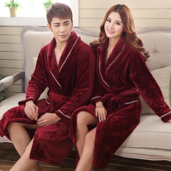 

couple kimono bathrobe gown thicken coral fleece robe nightgown winter warm flannel sleepwear soft nightwear casual home clothes1, Black;red