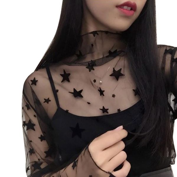 

mesh blouse women long sleeve stand collar female casual polka dot star shirt transparent elegant tees hollow out #30, White