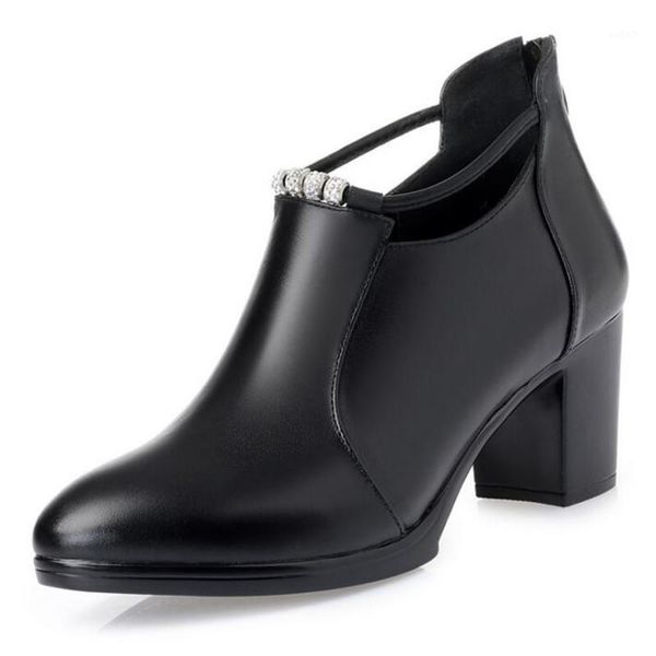 

dress shoes 2021 deep mouth rhinestone genuine leather women high heel plus velvet warm winter heels black1, Black