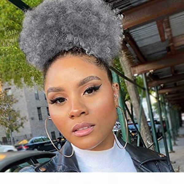 

afro kinky curly puff drawstring ponytail ombre grey high puffs drawstring bun 2 clips in hairpieces donut chignon short curly hair 120g, Black