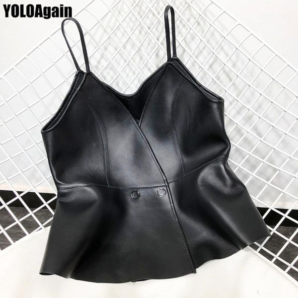 

yoloagain women genuine leather shirt girls v-neck strap black real leather