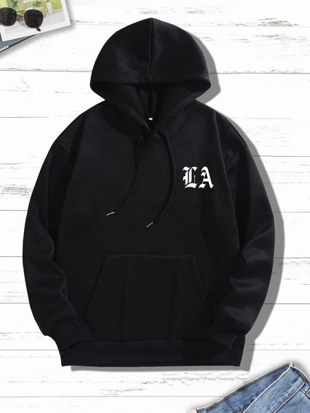 

men letter graphic kangaroo pockets thermal lined hoodie k3cg#, Black