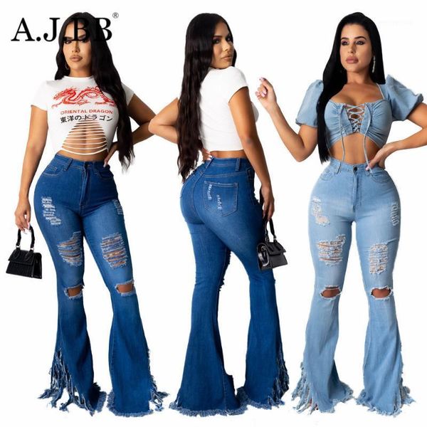 

women's jeans fashion solid color tassel flared pants slim high waist button women's jeans1, Blue