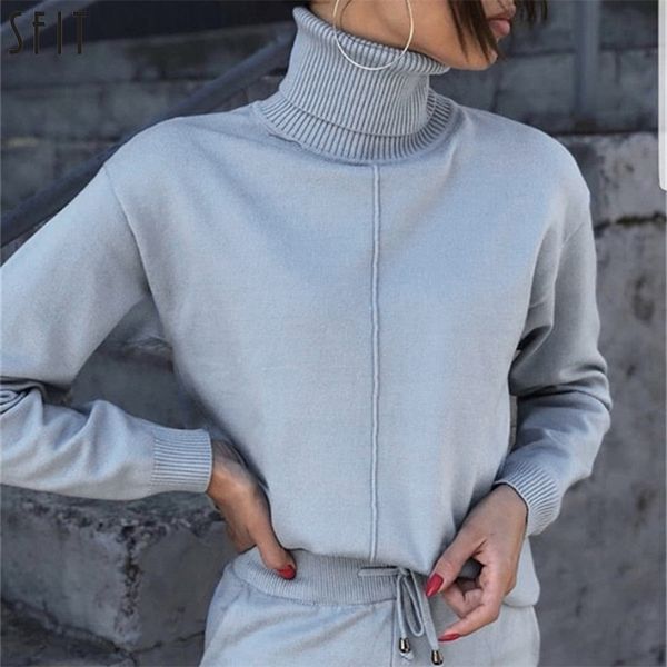 

sfit autumn winter knitted tracksuit turtleneck sweatshirts women suit clothing 2 piece set knit pant female sporting suit y200110, White