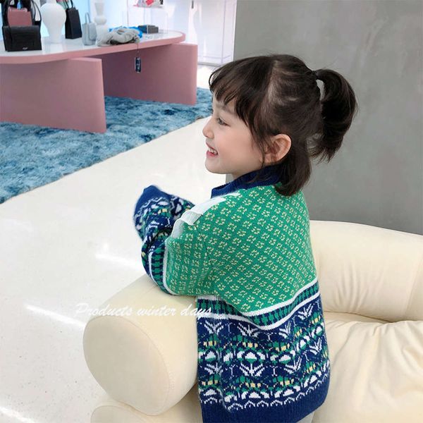 

round horse children's jacquard neck girls winter lace pullover sweater rg3x, Blue