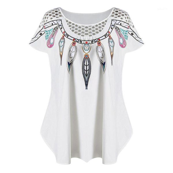 

wipalo plus size hollow out feather print summer women long oversize tee fashion panel scoop neck short sleeve t shirt1, White