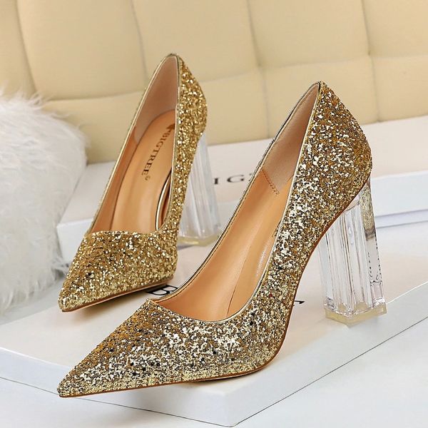 

2020 women 10cm high heels glitter scarpins gold silver block clear heels pumps lady wedding bridal transparent chunky shoes #bd87, Black