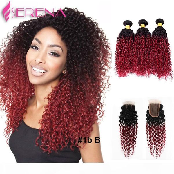 

ombre kinky curly hair human hair bundles with closure ombre 3 bundle deals with frontal 1b burgundy brazilian virgin hair with closure, Black;brown