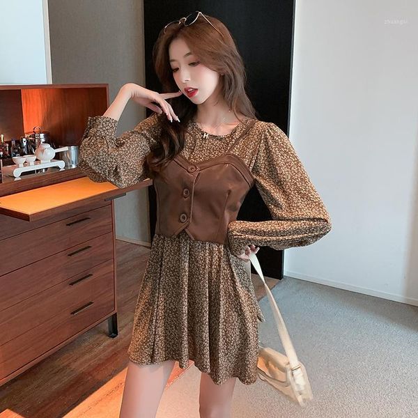 

ichoix autumn winter retro style two-piece set floral short dress + short leather vest fashion wemen outfits s-xl size1, Gray