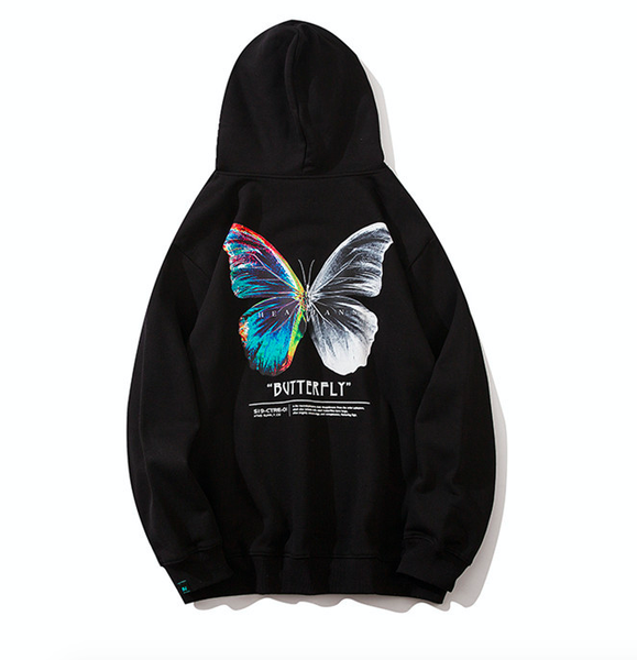 

men original butterfly print sweatshirt hoodie streetwear hip hop harajuku pullover hoodie 2020 winter cotton fleece, Black