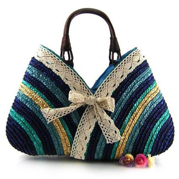 

casual fashion bow rainbow stripes lace bow bag new straw bag