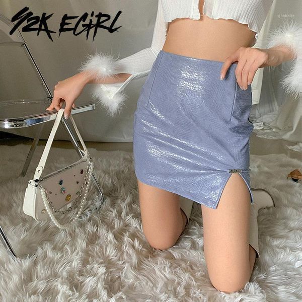 

y2k egirl fashion bodycon pu leather skirts 90s aesthetics serpentine solid slit hem pencil skirt vintage partywear winter1, Black