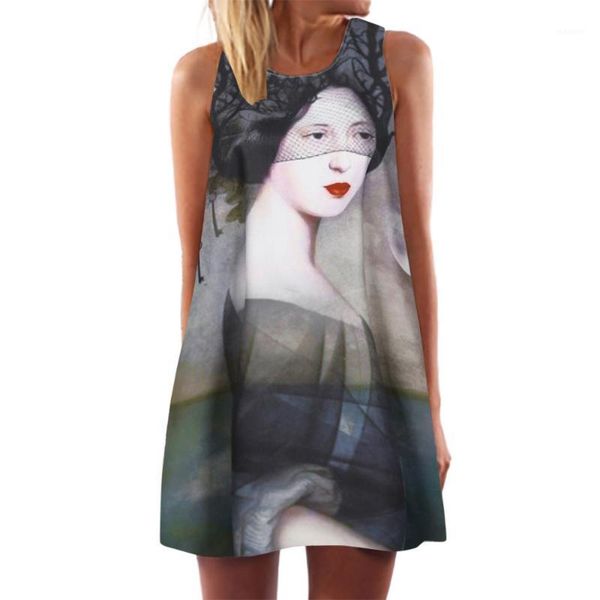 

women fashion girl print vintage boho beach dress 2019 chiffon sleeveless o neck summer holiday vocation dress casual #n1, Black;gray