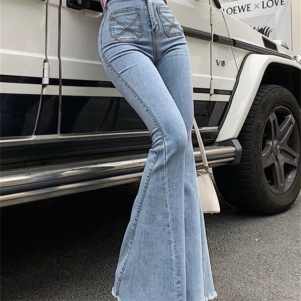 Himmelblaue hoch taillierte Hornjeans Damen elastische sexy Röhrenjeans modische vielseitige lange schlanke Schlaghose Spleißen und Schnitt 201223