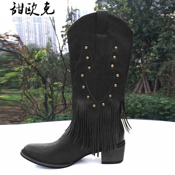 

boots 2021 women's rivet high winter vintage cowboy long tube tassel boot women square heel round toe, Black
