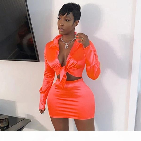 

women satin 2 two piece set lace up lantern long sleeve crop high waist mini skirt autumn winter lady clothes, White