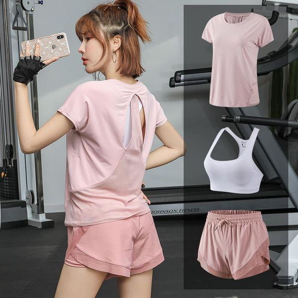 

3 pcswomen's sportswear yoga set tracksuit running clothing t-shirt sports pants gym seamless jogging crop yoga suit1, White;red