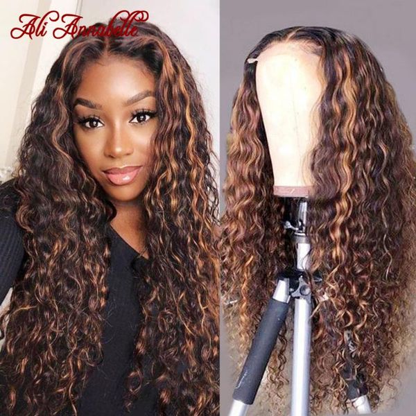 

lace wigs ali annabelle water wave highlight for women 4x4 closure pre plucked brazilian human hair brown front, Black;brown
