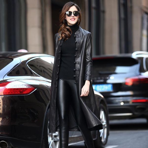 

длинные черные весной искусственной кожи пальто женщин с длинным рукавом китайский стиль плюс размер кожаные куртки для женщин 5xl 6xl 7xl, Black