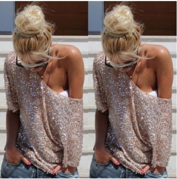 

pmt9k sequin casual sequinsclothing sequins short middle sleeve loose beads women's sequins beads t-shirt sequinsclothing sequin short, White